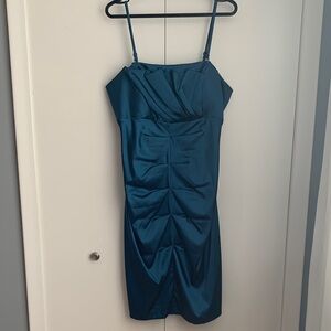 le chateau Satin Teal Ruched Waist Body Con Fitted Cocktail Party Dress Size XXL